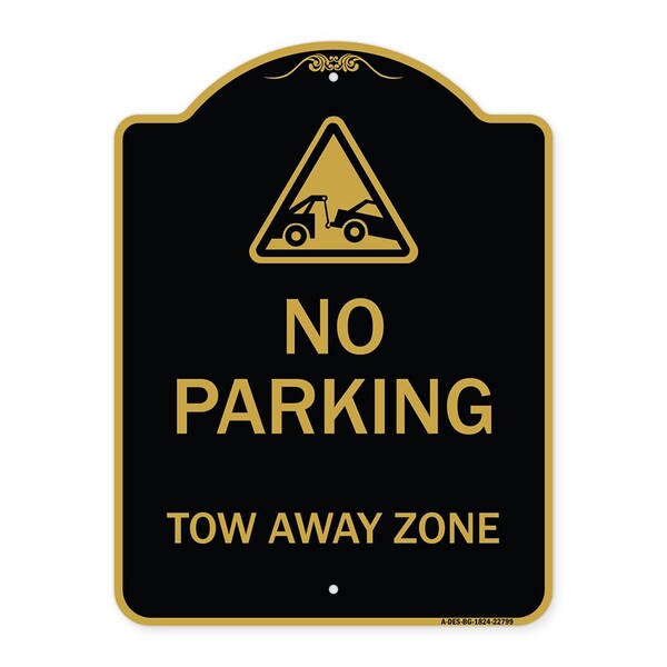 Designer Series Tow Away Zone W/ Graphic, Black & Gold Aluminum Sign, 18" x 24", BG-1824-22799